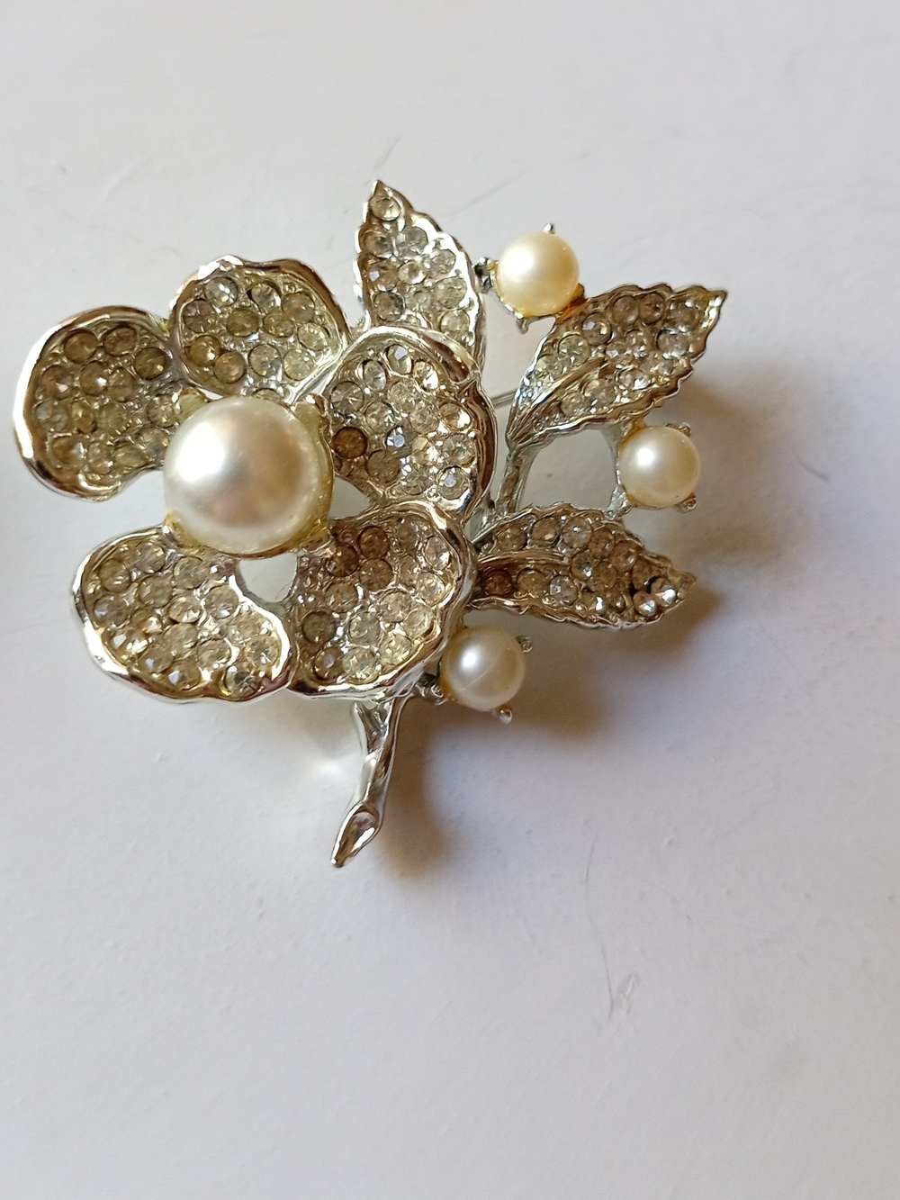Goldette Silver Pearl & Crystal Flower Brooch